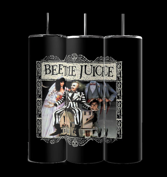 The Beetlejuice 20oz Tumbler by Kreative Kreationz features artwork from the movie "Beetlejuice," showcasing characters like a person in a striped suit and another in a wedding dress, along with various scenes and a haunted house in the background. Perfect Halloween drinkware!