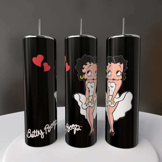 Three Betty B White 20oz Skinny Tumblers by Kreative Kreationz feature the iconic character, playful with short black hair, a white dress, and gold earrings. One has two red hearts. Each includes a spill-proof lid and reusable straw.