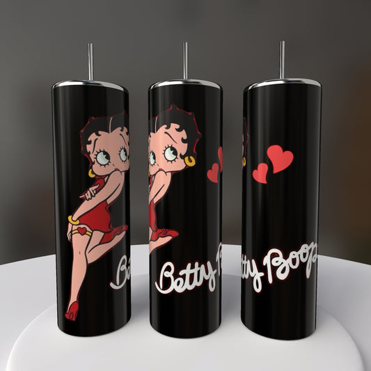 Three Betty B 20oz Skinny Tumblers by Kreative Kreationz showcase Betty Boop in a red dress, stockings, and heels with red hearts. "Betty Boop" is elegantly scripted in white cursive on these sublimated tumblers.