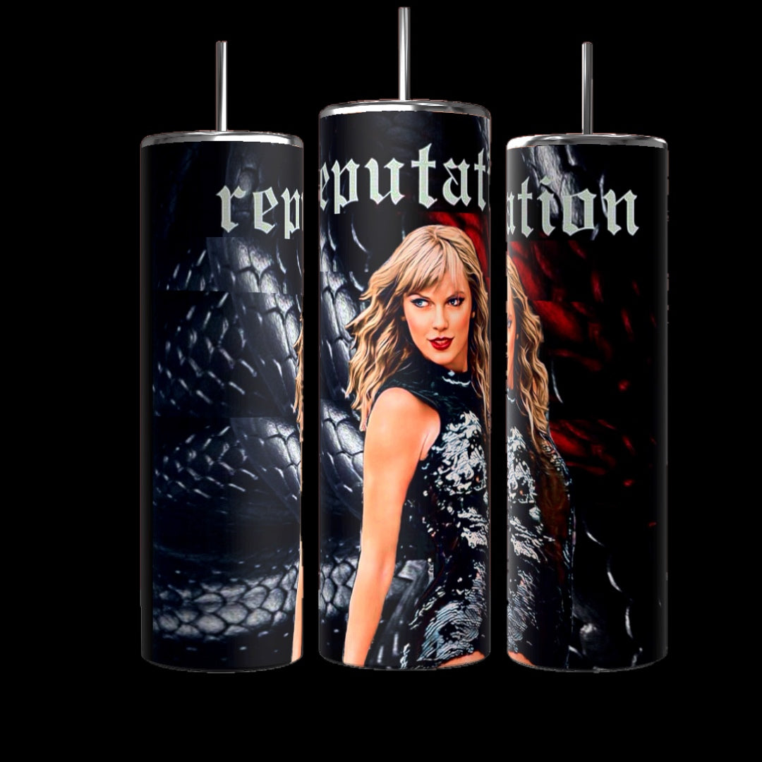 A woman with wavy blond hair is wearing a black, shiny dress and posing confidently in front of a dark, textured background that resembles snake scales. Displayed boldly above her in gothic-style font is the word "reputation," embodying the REP SVG | Template | Tumbler wrap aesthetic by Kreative Kreationz.