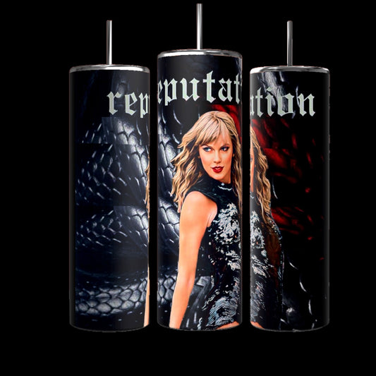 A woman with wavy blond hair is wearing a black, shiny dress and posing confidently in front of a dark, textured background that resembles snake scales. Displayed boldly above her in gothic-style font is the word "reputation," embodying the REP SVG | Template | Tumbler wrap aesthetic by Kreative Kreationz.