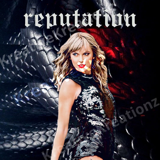 A woman with wavy blond hair is wearing a black, shiny dress and posing confidently in front of a dark, textured background that resembles snake scales. Displayed boldly above her in gothic-style font is the word "reputation," embodying the REP SVG | Template | Tumbler wrap aesthetic by Kreative Kreationz.