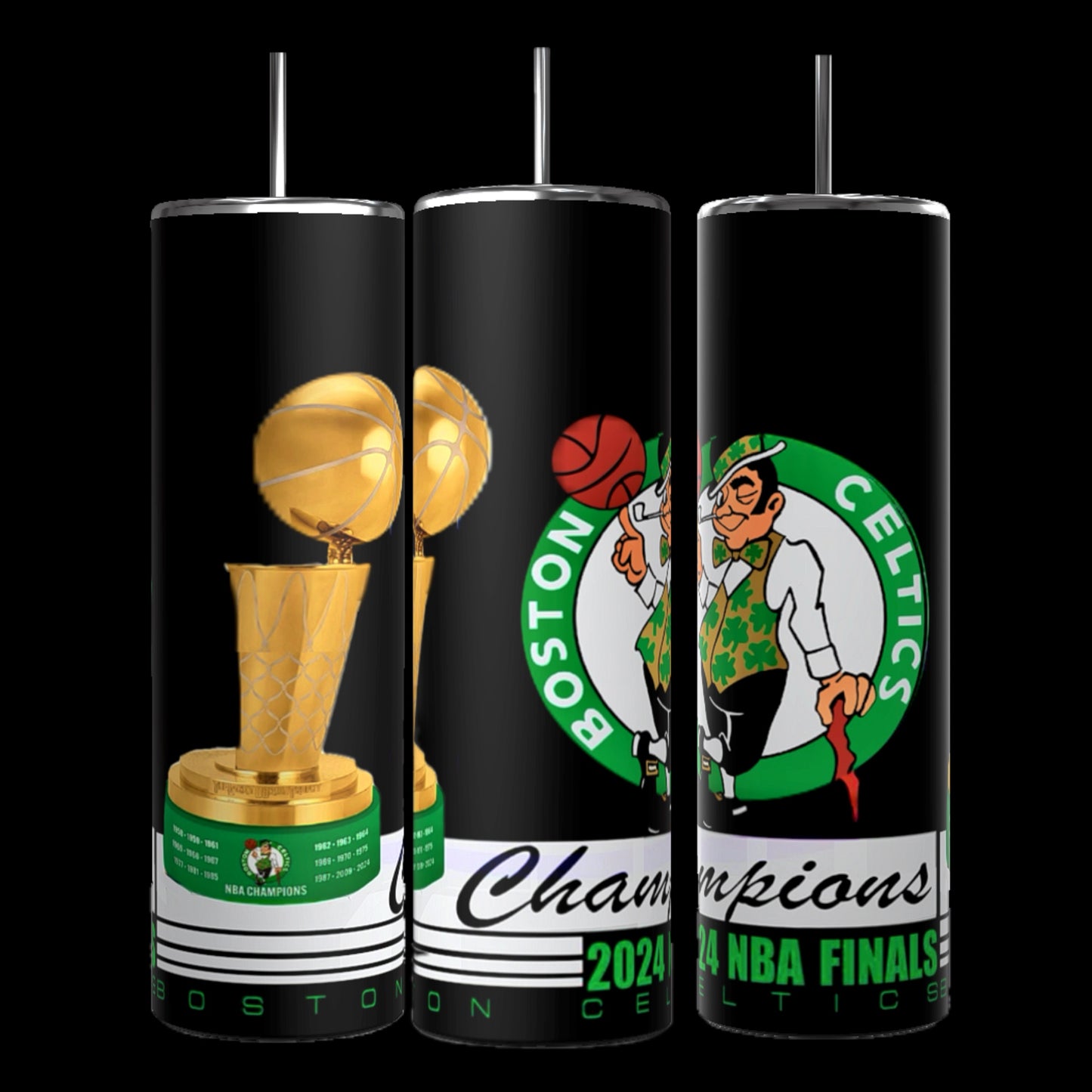 Three black, 20 oz capacity Boston Celtics 2024 Winner tumblers by Kreative Kreationz, each with straws and featuring distinct NBA championship designs: one with the Larry O'Brien Trophy, another showcasing the iconic Celtics leprechaun logo, and the third commemorating the 2024 NBA Finals with "Champions" inscribed.