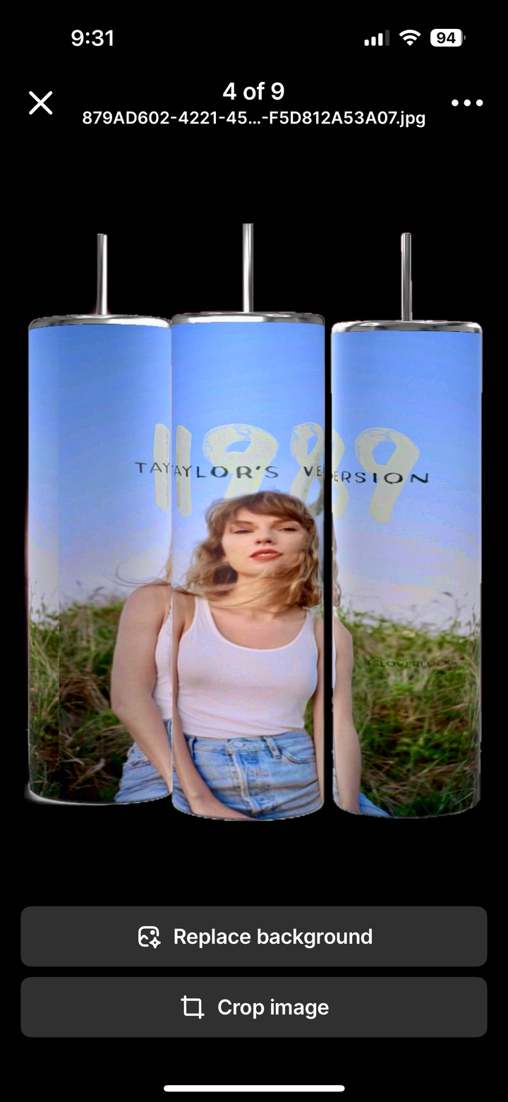 A set of three Kreative Kreationz 1989 20oz Tumblers showcases a vibrant design featuring a person in a grassy field under a clear blue sky, each labeled "1989 Taylor's Version.