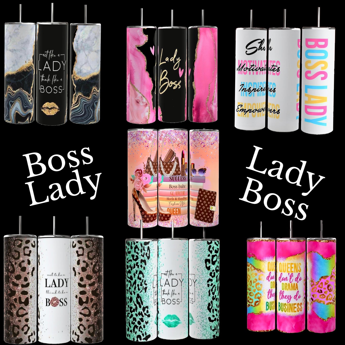 A collage features nine colorful Boss Lady 20oz Tumblers with Reusable Straw and Lid designs with "Boss Lady" and "Lady Boss" themes from Kreative Kreationz. Each personalized tumbler boasts bold, vibrant patterns like leopard prints, pink glitter, and marble textures, all accompanied by empowering text. The background is black with white text labels.