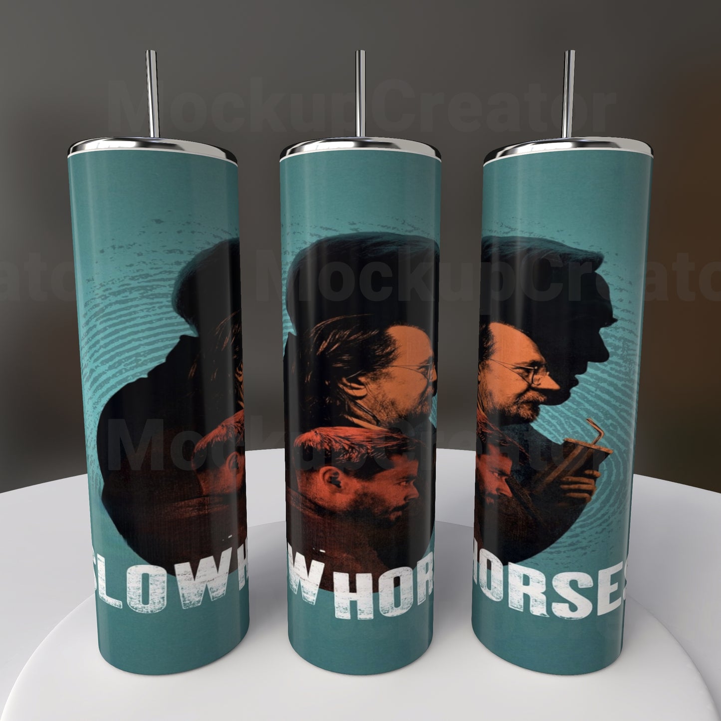 Three Kreative Kreationz Slow Horses 20oz stainless steel tumblers with silhouettes and "SLOW HORSES" text are showcased against a dark teal background.