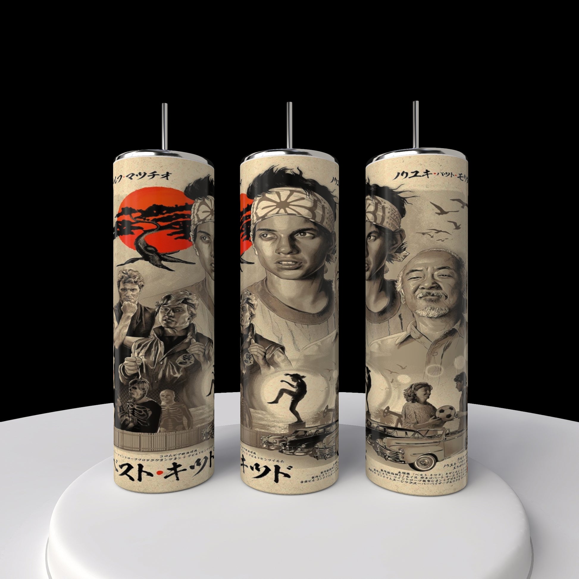 Three creatively decorated, upright cylinders from Kreative Kreationz resemble the sleek design of a 20oz stainless steel tumbler and showcase martial arts-themed illustrations, including fighters and traditional symbols against a cinematic backdrop with a prominent red sun motif.