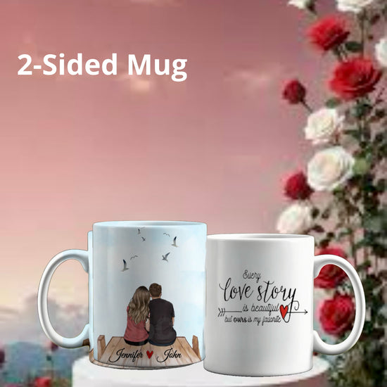 The Kreative Kreationz Personalized Couples Ceramic Mug showcases a couple on a pier, birds and 