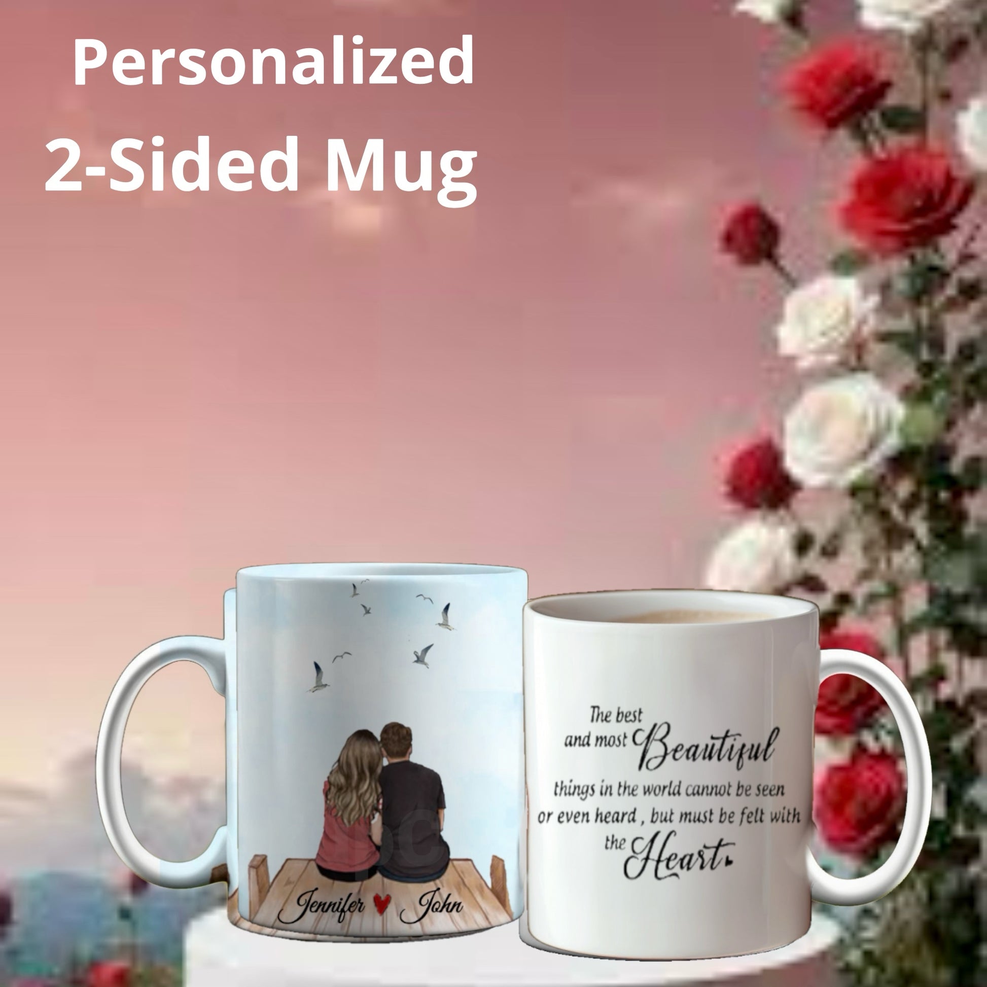 Two Kreative Kreationz Personalized Couples Ceramic Mugs against a pink and red floral background: one depicts a couple on a dock with birds, while the other showcases a romantic heart-themed quote. These mugs offer customizable options to capture your unique love story.