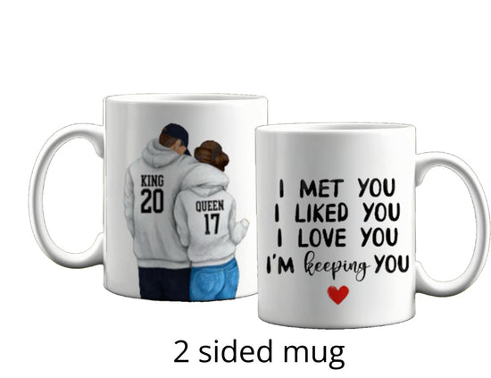 The Couples Ceramic Mug by Kreative Kreationz showcases a hoodie-clad couple with 