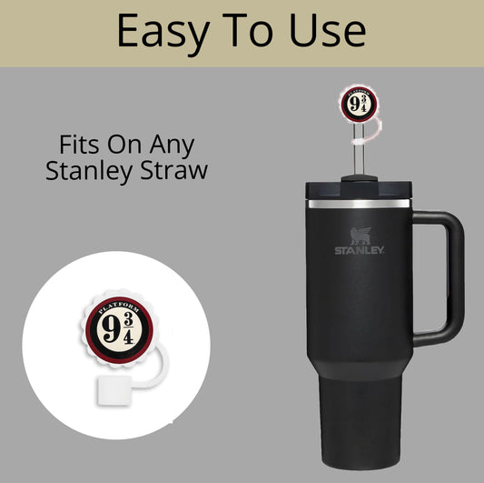 Image of a black Stanley mug with a handle and straw cap featuring "9 3/4" text, reminiscent of Harry Potter. Text reads: "Easy To Use" and "Fits On Any Stanley Straw by Kreative Kreationz," compatible with Harry Potter Straw Cover for 40oz, 30oz, and 20oz cups. Light background.