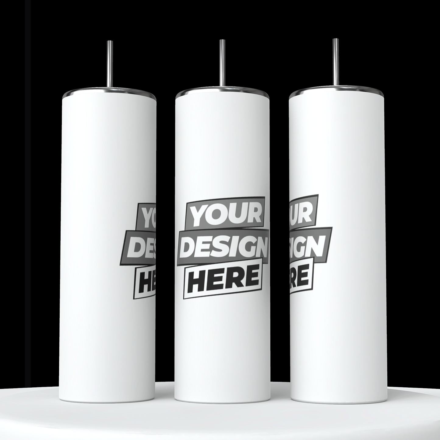 Image of three tumblers labeled "put design here” 20oz Skinny Tumbler." The tumblers are positioned at different angles, showing the front, side, and back..