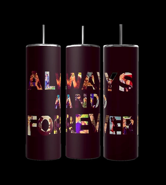 Three cylindrical Dua Lipa Photo Collage 20oz Tumblers by Kreative Kreationz are decorated with repeated images of a woman with light-colored hair, wearing a pearl necklace and glamorous makeup. One of the tumblers appears to have a signature saying, 