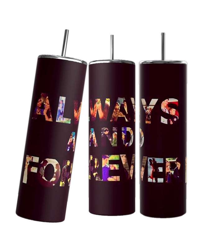 Three cylindrical Dua Lipa Photo Collage 20oz Tumblers by Kreative Kreationz are decorated with repeated images of a woman with light-colored hair, wearing a pearl necklace and glamorous makeup. One of the tumblers appears to have a signature saying, "May the Stars" near the bottom. The background is black and blue.