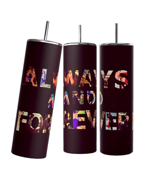 Three cylindrical Dua Lipa Photo Collage 20oz Tumblers by Kreative Kreationz are decorated with repeated images of a woman with light-colored hair, wearing a pearl necklace and glamorous makeup. One of the tumblers appears to have a signature saying, 