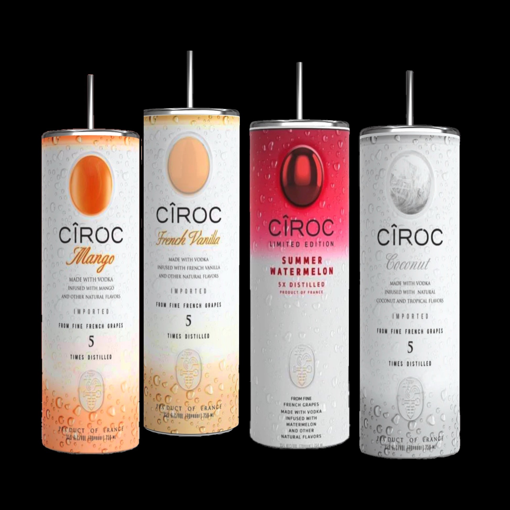 Two cans of Kreative Kreationz Ciroc 20oz Tumbler with 3D Lid Topper are shown on a wooden surface, reminiscent of travel tumblers. The left can is Red Berry flavor, topped with ice and a cherry. The right can is Vodka Snap Frost flavor, topped with ice and a lemon slice. Both cans feature product information and branding.