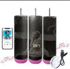 Three TTPD Bluetooth Tumblers by Kreative Kreationz, featuring a black cylindrical design with pink bases, are displayed. Each tumbler showcases a statue motif and the initials 