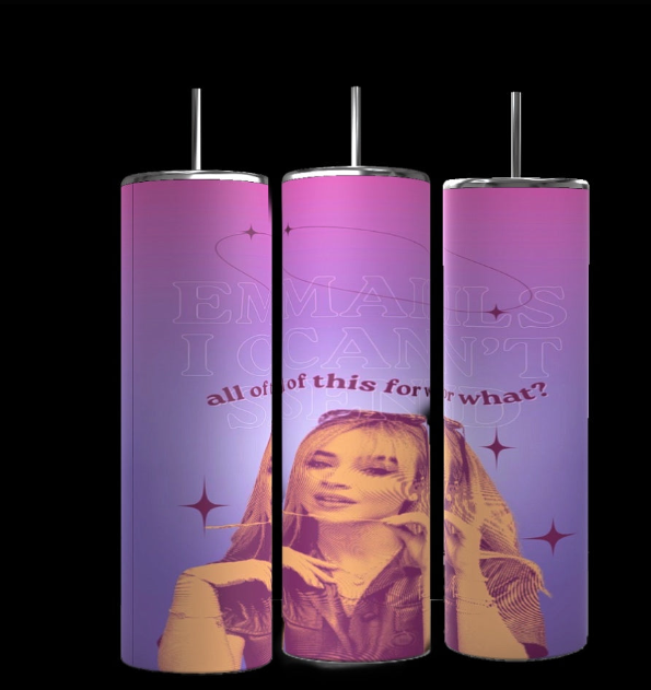 Three tall, pink stainless steel tumblers by Kreative Kreationz feature an artistic image of a woman with the phrases "Emails I can't send" and "all of this for what?" amidst stars and swoosh designs, forming a luxury-inspired, eco-friendly statement piece called the Sabrina Carpenter Emails I Couldn't Send Tumbler.