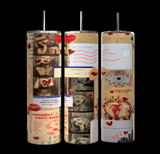 The Sabrina Carpenter Emails I Couldn't Send Tumblr from Kreative Kreationz features three luxury-inspired stainless steel tumblers adorned with a collage of vintage-style images, such as a laughing woman, text snippets, red hearts, and an old email interface on a beige textured paper background.