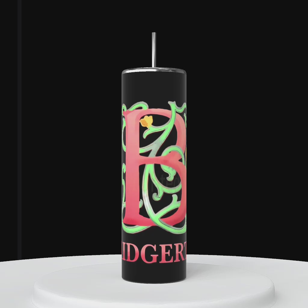 Three tall cylindrical Stanley tumblers are displayed on a white surface against a black background. Each tumbler features large, ornate letters "B" with floral and butterfly designs, and the text "BRIDGERTON" below in pink letters.