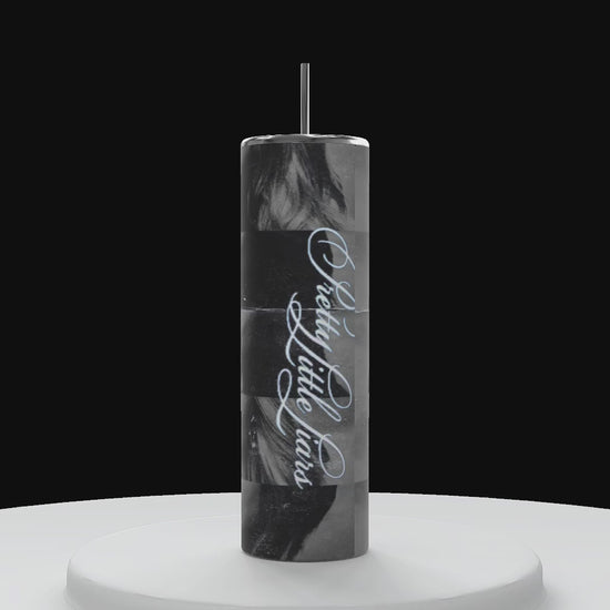 A cylinders on a white pedestal with a black background, tall cylinder, spinning, counterclockwise, showcasing, showing all sides of 20 ounce Tumbler with four females, the title pretty little liars down the side of the cylinder in text the pretty little liars cast with their fingers to their lips in a shh motion 