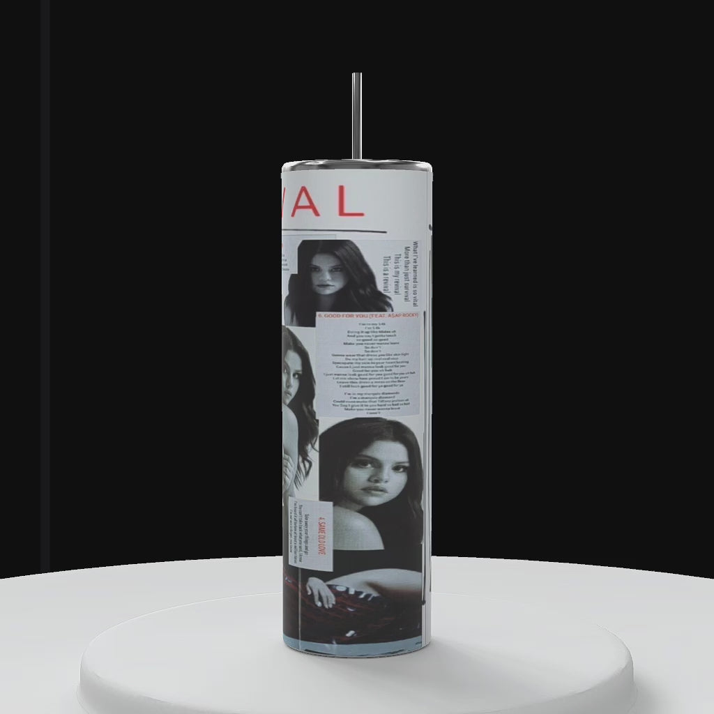 Three cylindrical displays resembling stylish tumblers showcasing various images of Selena Gomez and text excerpts from an album called "Revival". Each display features different images and snippets of text, with floral patterns at the bottom. The background is black.