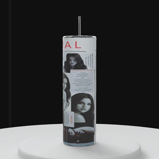 Three cylindrical displays resembling stylish tumblers showcasing various images of Selena Gomez and text excerpts from an album called "Revival". Each display features different images and snippets of text, with floral patterns at the bottom. The background is black.