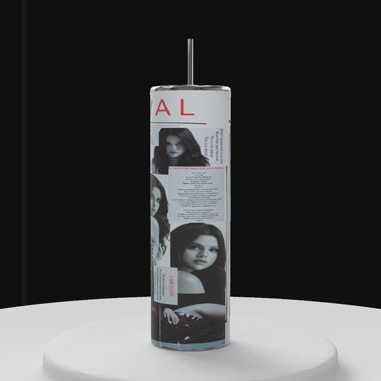 Three cylindrical displays resembling stylish tumblers showcasing various images of Selena Gomez and text excerpts from an album called 