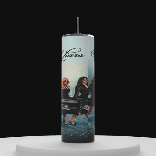 A cylinders on a white pedestal with a black background, tall cylinder, spinning, counterclockwise, showcasing, showing all sides of 20 ounce Tumbler with four females, the title pretty little liars at the top in text the pretty little liars cast carrying a coffin