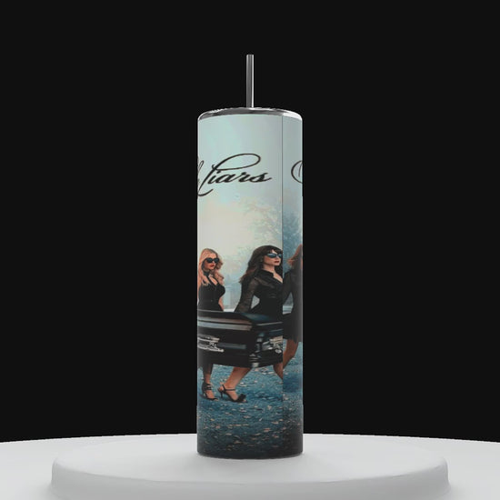 A cylinders on a white pedestal with a black background, tall cylinder, spinning, counterclockwise, showcasing, showing all sides of 20 ounce Tumbler with four females, the title pretty little liars at the top in text the pretty little liars cast carrying a coffin