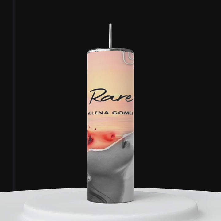 Three tall tumblers are decorated with images of Selena Gomez in different poses; one in a white dress, one with a serious expression, and one in casual attire. The designs, reminiscent of intricate Stanley cups, are embellished with flowers, leaves, hearts, and text like "Rare," "Trust," "same old love,” and "you left me in pieces.