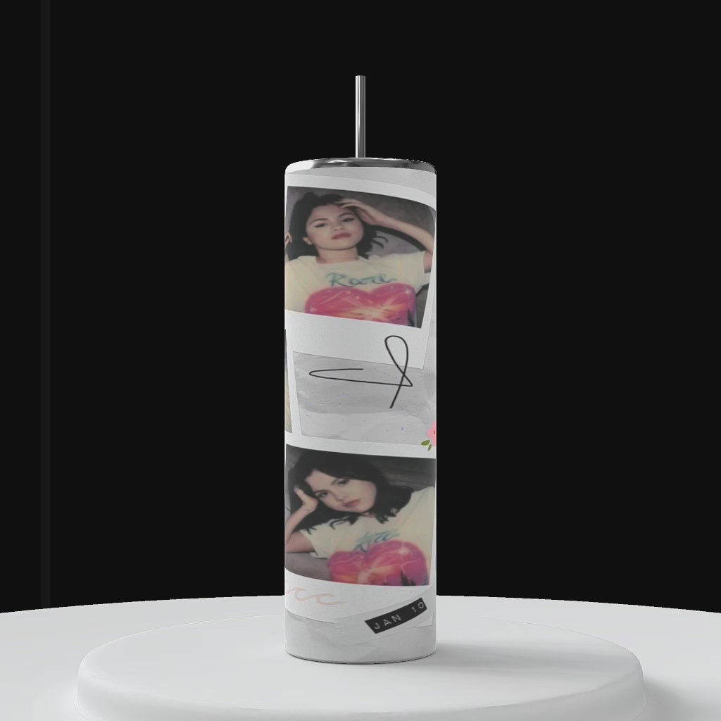 Three tall tumblers are decorated with images of Selena Gomez in different poses; one in a white dress, one with a serious expression, and one in casual attire. The designs, reminiscent of intricate Stanley cups, are embellished with flowers, leaves, hearts, and text like "Rare," "Trust," "same old love,” and "you left me in pieces.