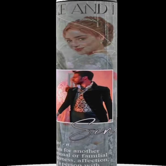 Three cylindrical tumblers feature scenes from a romantic Bridgerton a Netflix drama drama. These personalized cups display images of a man and Daphne dressed in period attire, interacting affectionately. Text on the tumblers includes the words "love" and definitions associated with the emotion.