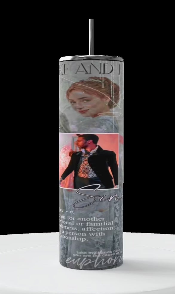 Three cylindrical tumblers feature scenes from a romantic Bridgerton a Netflix drama drama. These personalized cups display images of a man and Daphne dressed in period attire, interacting affectionately. Text on the tumblers includes the words "love" and definitions associated with the emotion.