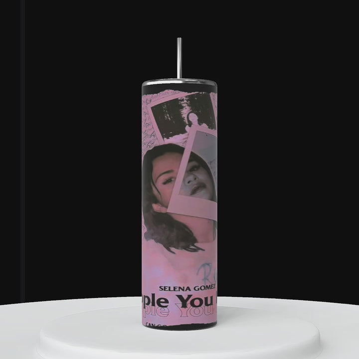 Three tall, cylindrical personalized tumblers are shown. the wrapped tumbler features the name "Selena Gomez" and another polaroid image with Selena Gomez full face and the text "People You Know.". 