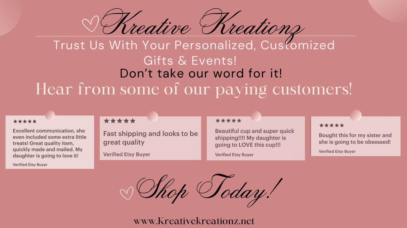 A promotional graphic for Kreative Kreationz featuring customer testimonials. The text highlights positive feedback on communication, quality, and shipping speed. The call to action encourages viewers to shop at www.kreativekreationz.net.