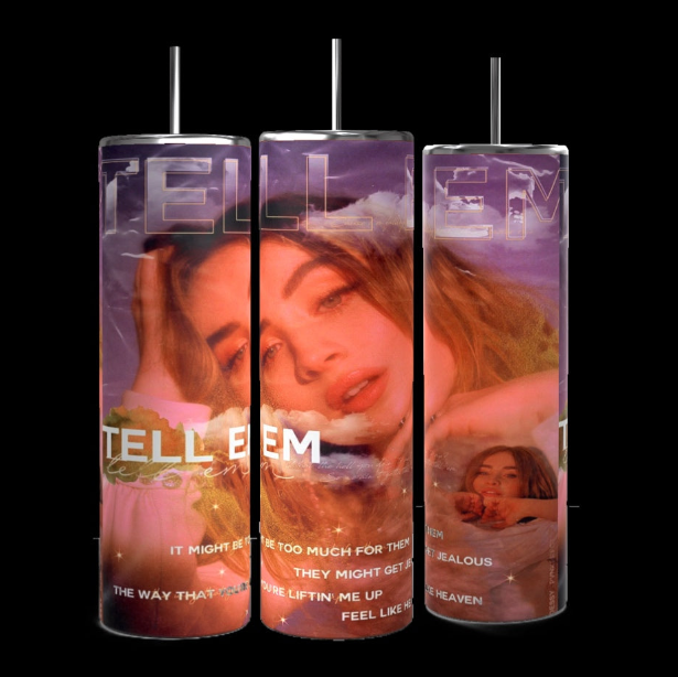 The Sabrina Carpenter Tell Em Tumbler by Kreative Kreationz includes three tall stainless steel tumblers, each with a straw and a design featuring a woman with long hair and hands near her face in warm colors, clouds, and text for an eco-friendly luxury experience.