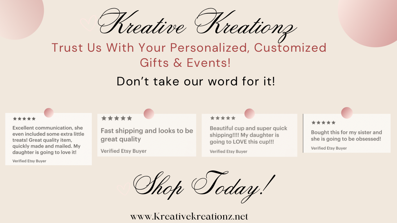 A promotional graphic for "Kreative Kreationz" featuring customer testimonials praising their personalized gifts and fast shipping. Includes the website www.kreativekreationz.net and a call to "Shop Today!" with decorative pink elements.